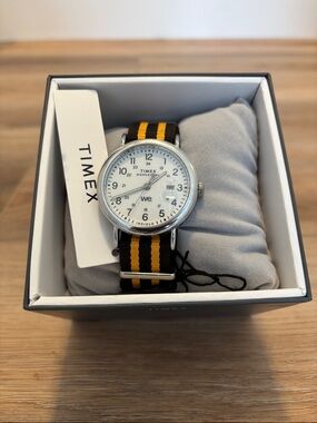 Timex Men's White Dial Watch with Black and Yellow Striped NATO Strap